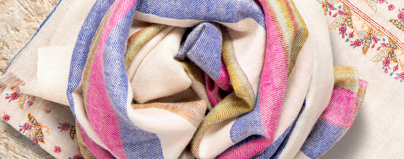 Striped pashmina shawl in shades of natural, indigo and pink.Striped pashmina shawl in shades of natural, indigo and pink.