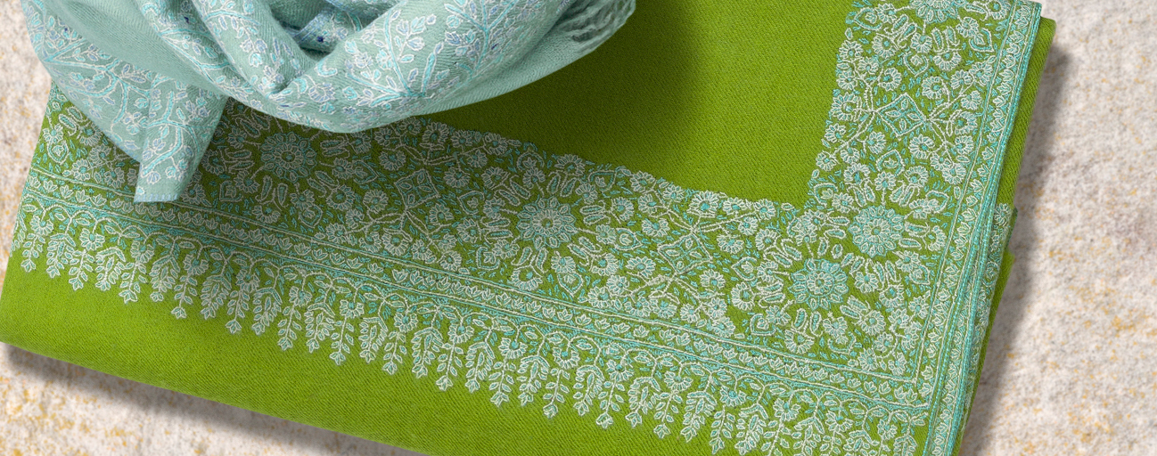 Green pashmina shawl with embroidered border
